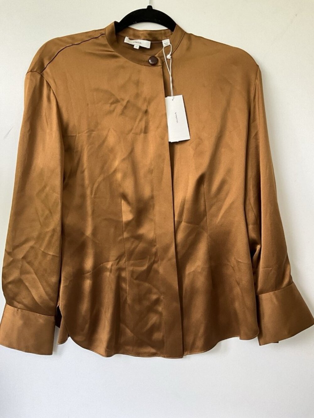 Vince Silk Band Collar Blouse in Cognac Womens Size S NWT Long Sleeves Designer - Picture 3 of 7